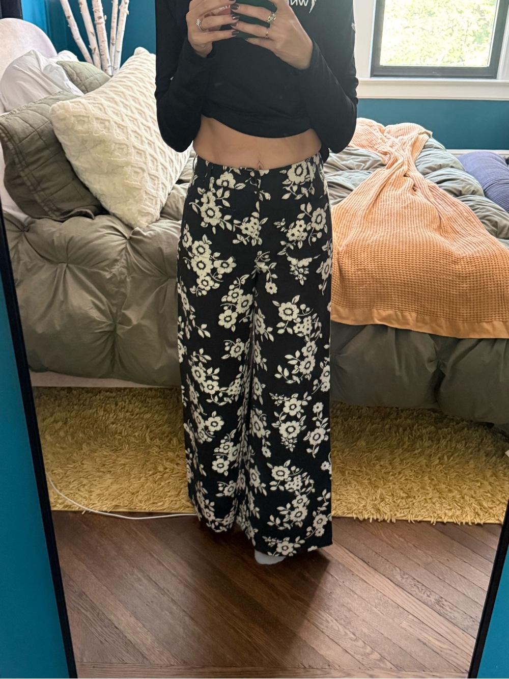 NWT Coach Floral Wide Leg Pants Black Ivory High Rise Trouser Size 0